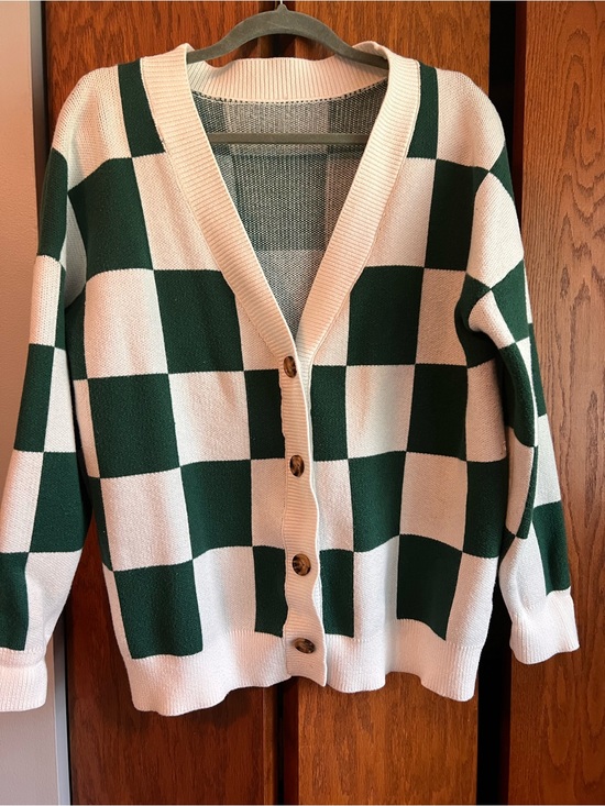 Sweaters - Green and Cream Checkered Button-Front Women's Cardigan